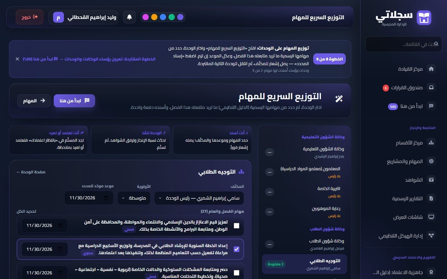 التوزيع السريع: الوحدات وعدد مهامها المفتوحة، ومهام الوحدة الرسمية بمواعيدها، والمكلّف والأولوية