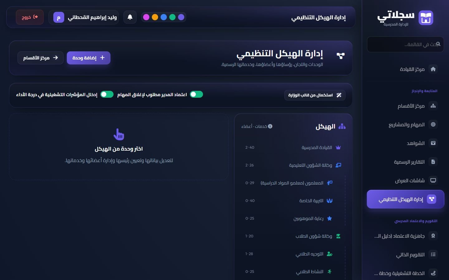 إدارة الهيكل التنظيمي: الشجرة ومفاتيح الاعتماد والمؤشرات التشغيلية