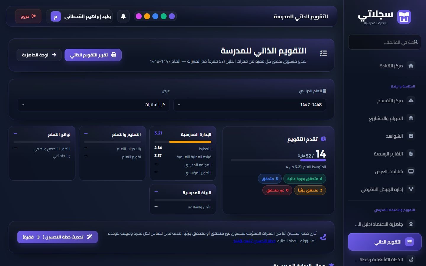 التقويم الذاتي: مستوى كل فقرة ومبرراته، وبناء خطة التحسين